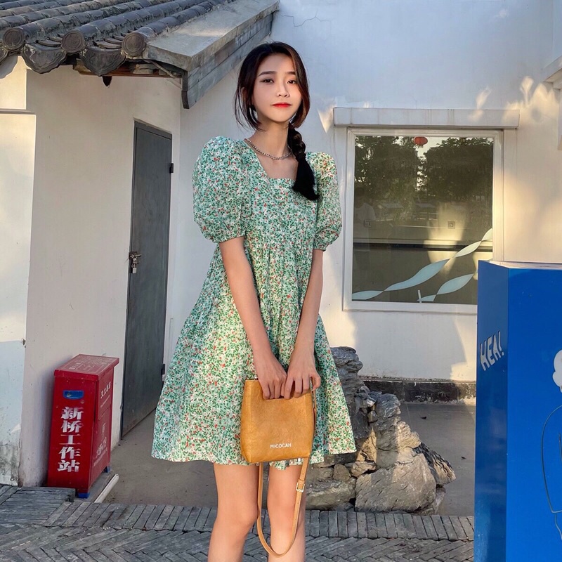 Váy babydoll hoa nhí xanh buộc nơ lưng xinh xắn - Đầm babydoll dáng xoè hoa nhí xanh nơ lưng Pea Store