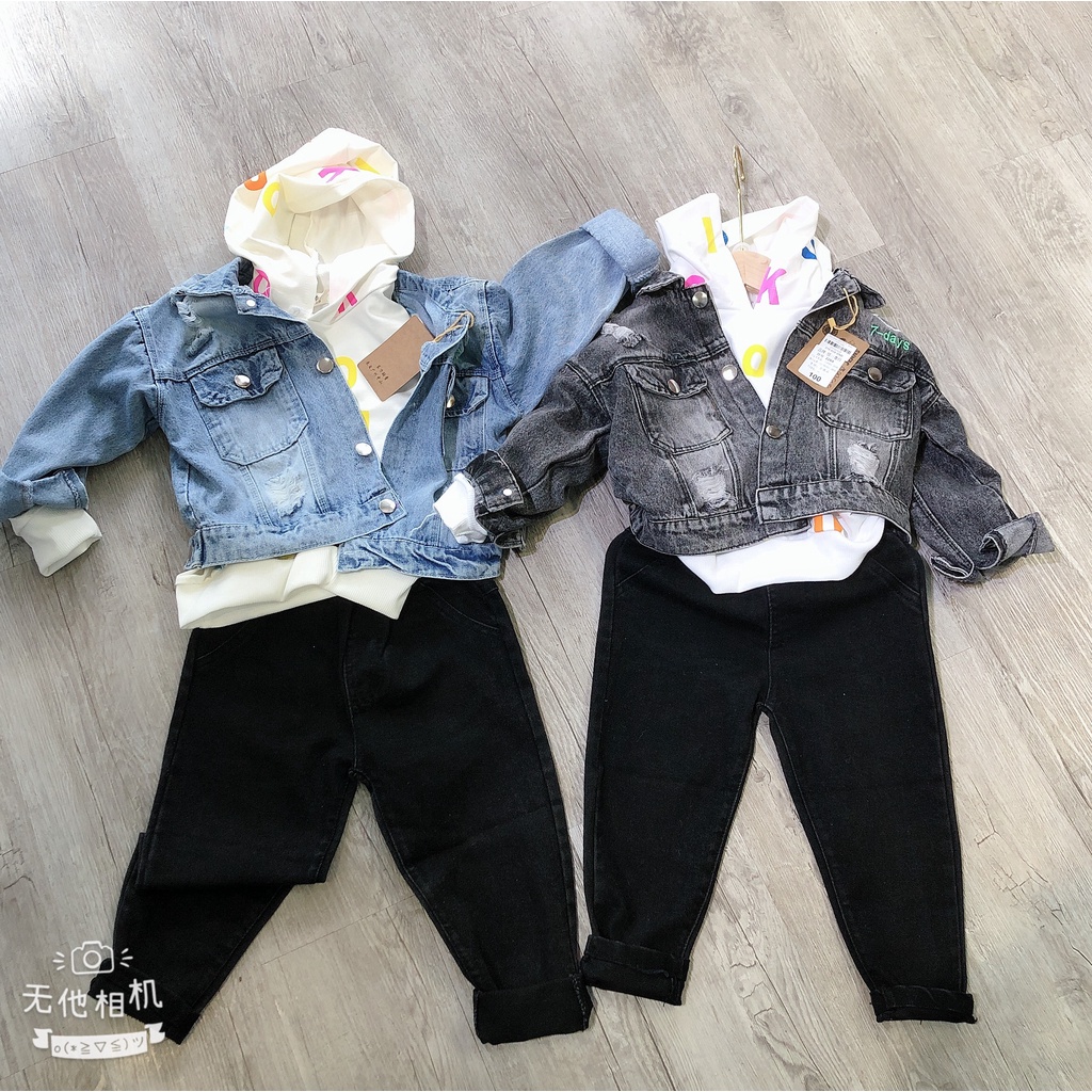 Set 3CT jean rách áo hoodie cho bé trai hàng QCCC - quần áo bé trai