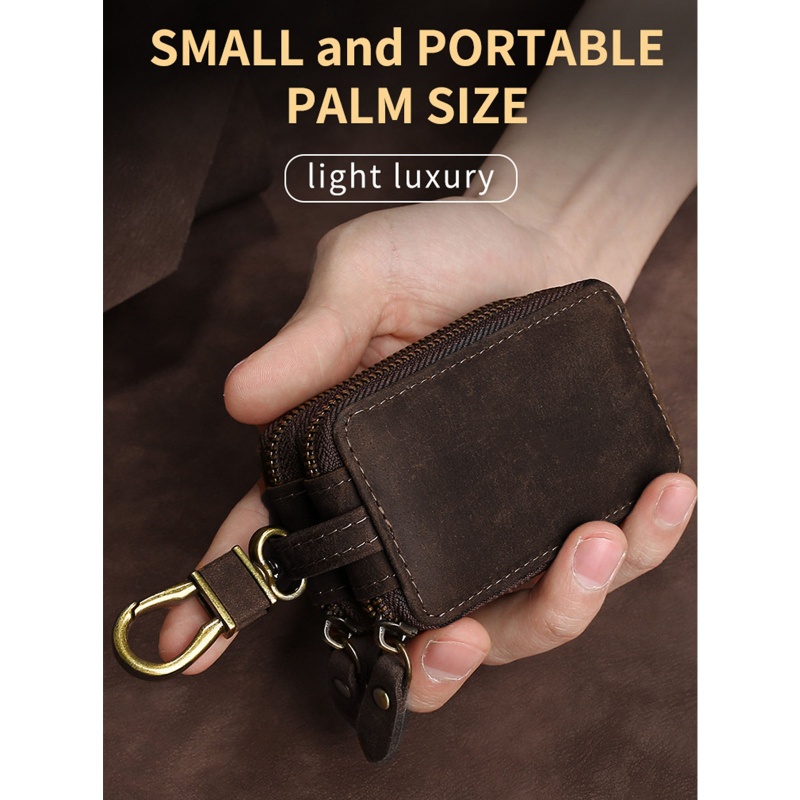 Túi Da Đựng Chìa Khóa Xe Hơi Hai Ngăn Có Khóa Kéo Phong Cách Vintage