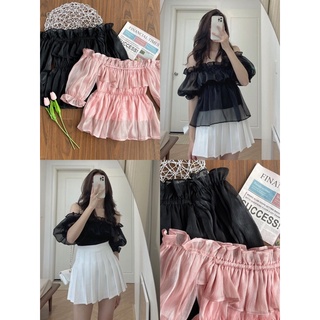 Áo kiểu Trễ vai tay ngắn ORGANZA với thiết kế cổ tơ bèo 2 lớp tay bồng vai có bo chun co giãn