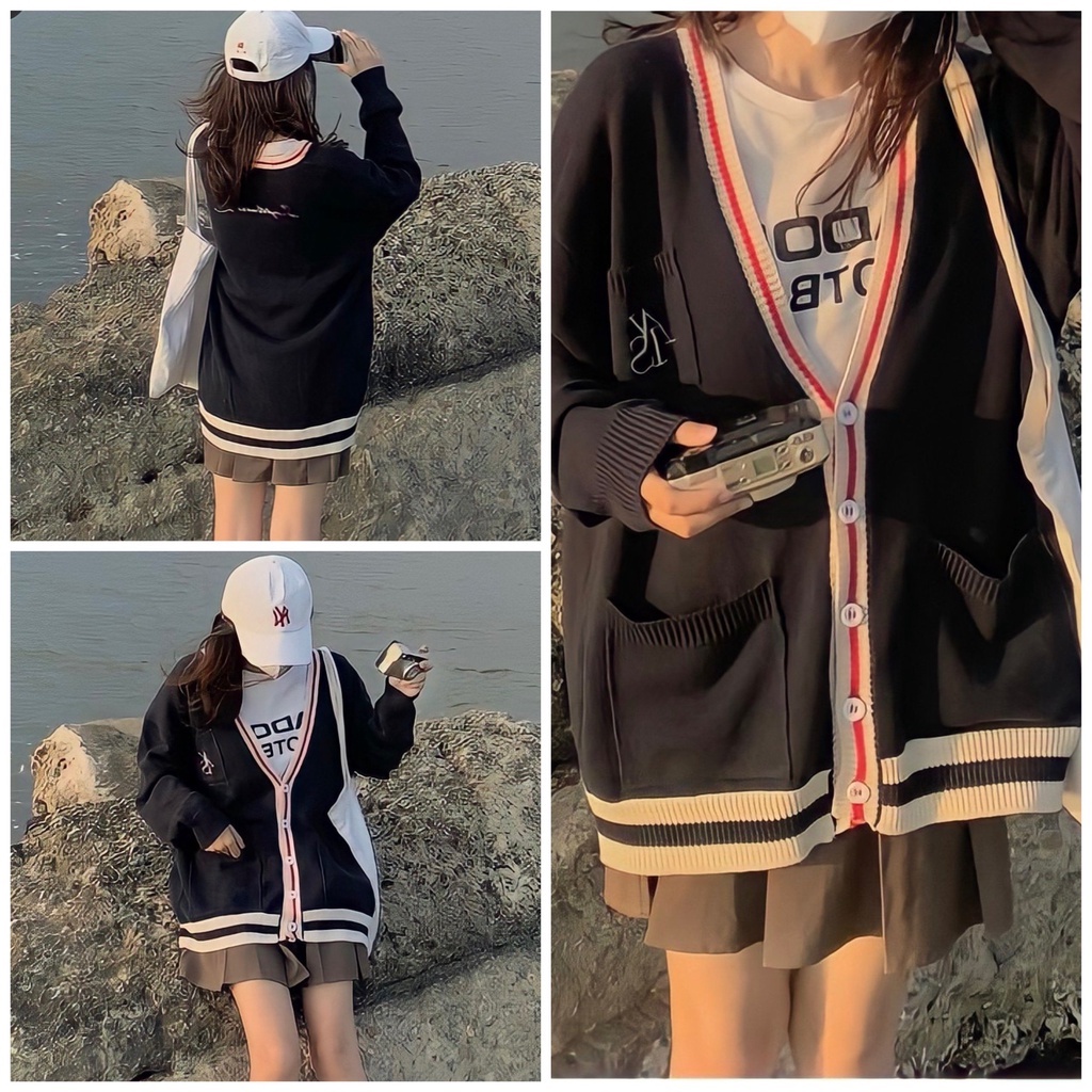 Happy-store ❤️ Cardigan len nữ dài tay dễ thương, áo len hàn quốc in AIS có,túi bo ngực happy store8668