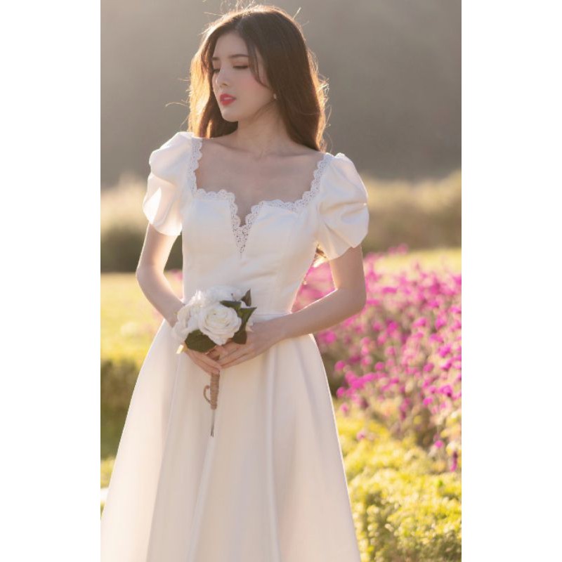 [💐Hàng sẵn] Đầm dạ hội cưới Hàn Quốc màu trắng tay con phom lửng chất Phi Hàn