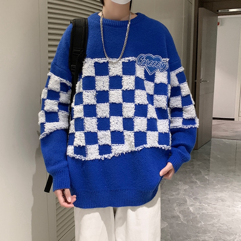 Áo sweater dệt kim chui đầu màu xanh dương/đen pha trắng phong cách hip hop Hàn Quốc thời trang mùa thu cho nam 