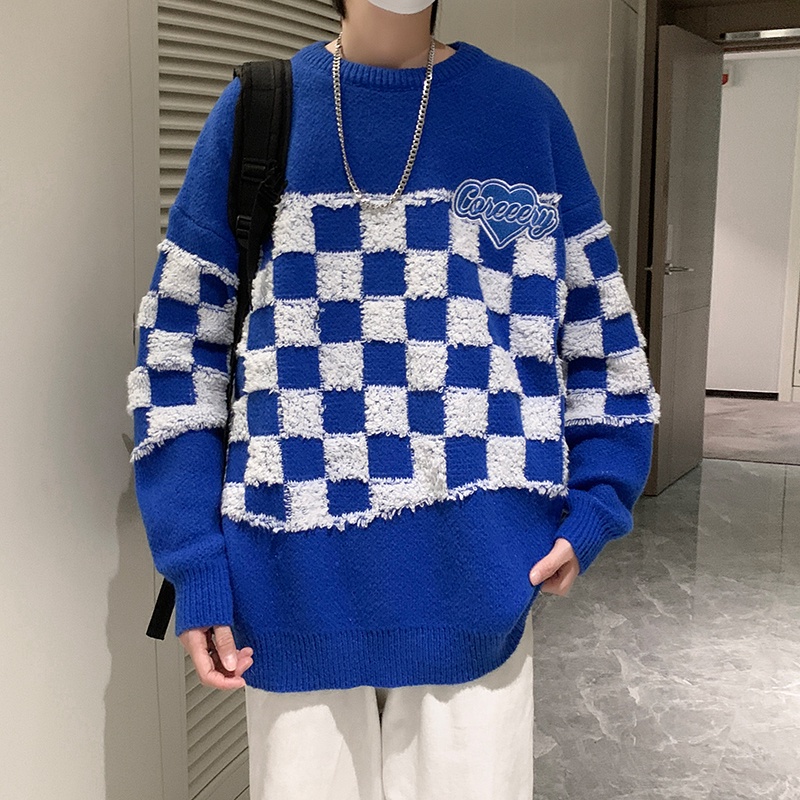 Áo sweater dệt kim chui đầu màu xanh dương/đen pha trắng phong cách hip hop Hàn Quốc thời trang mùa thu cho nam