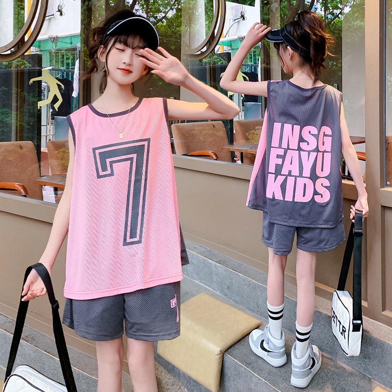 Bộ đồ thể thao mùa hè, Áo vest không tay cho bé gái + quần short, Bộ đồ bóng rổ hai mảnh, Bộ đồ thể thao Jersey khô nhanh