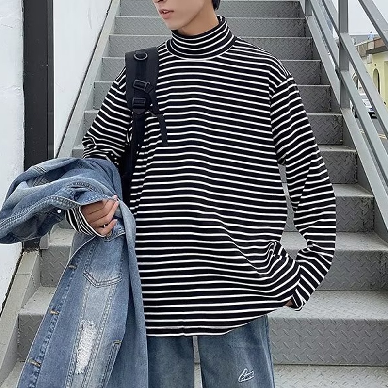 Áo Thun Cổ Lọ Tay Dài Dáng Rộng Họa Tiết Kẻ Sọc Phong Cách Hàn Quốc Thời Trang Xuân Thu Cho Nam Và Nữ