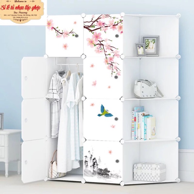 Tủ nhựa ghép- tủ quần áo 8+4 góc thân trắng hình hoa đào. Mẫu siêu HOT 2019. Thân sâu 47cm. Tặng kèm 1 móc treo đồ.
