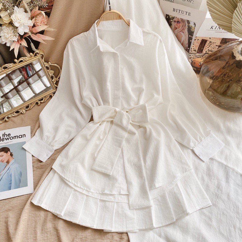 SET ÁO SƠMI CV XẾP LI KEM - TRẮNG - ĐEN 3 MÀU