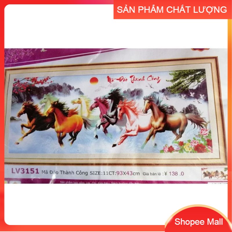 Tranh thêu mã đáo thành công 8 con ngựa 3D mã LV3151 kích thước 93*43cm [Hàng chính hãng]