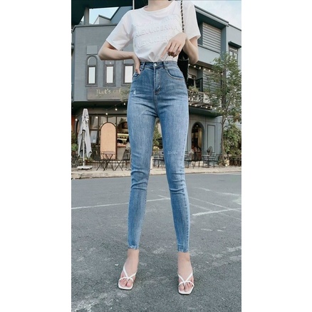 Quần jean dài co dãn lưng cao