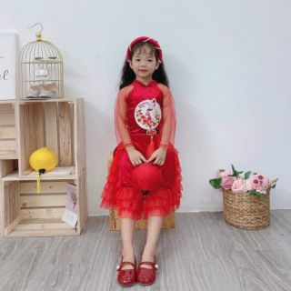 Áo dài nhung cho bé gái kèm mấn, chân váy ren cao cấp