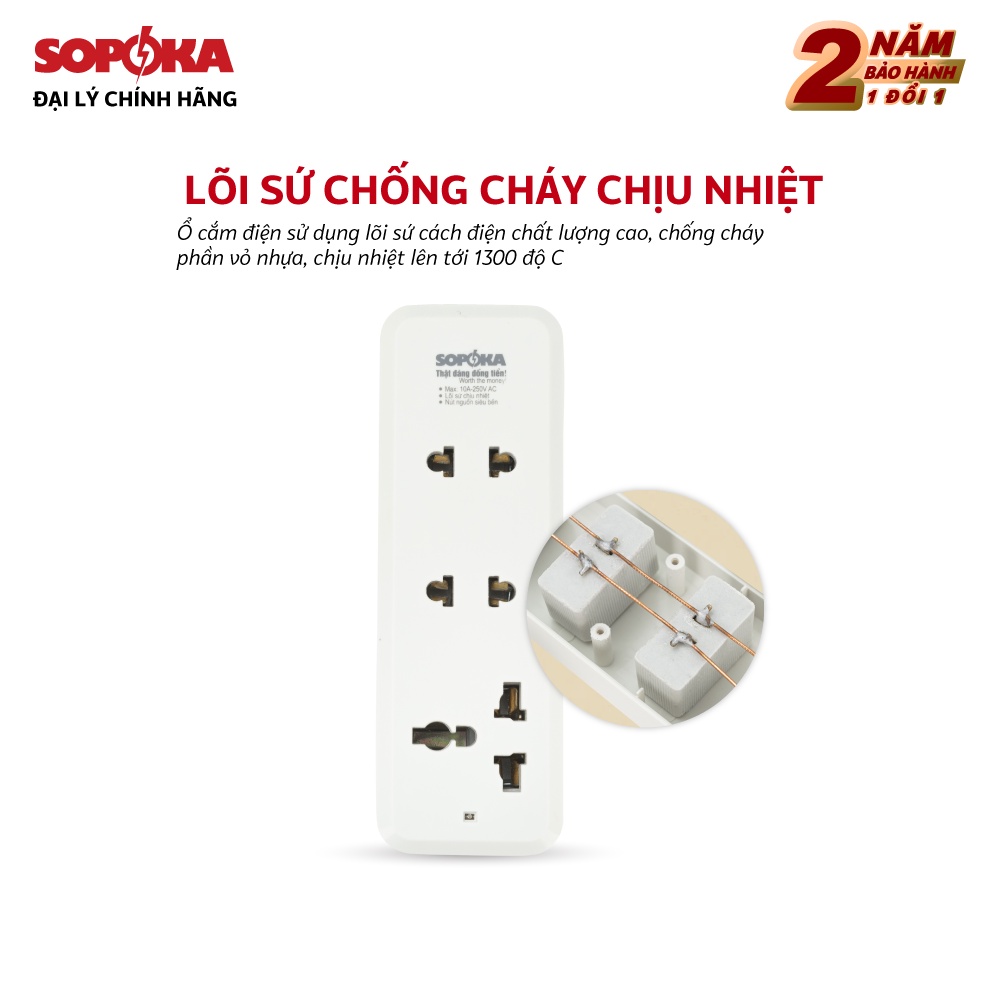 Ổ cắm điện đa năng Sopoka chịu tải 2200W 3C2 chống va đập, chịu nhiệt, nhỏ gọn, an toàn