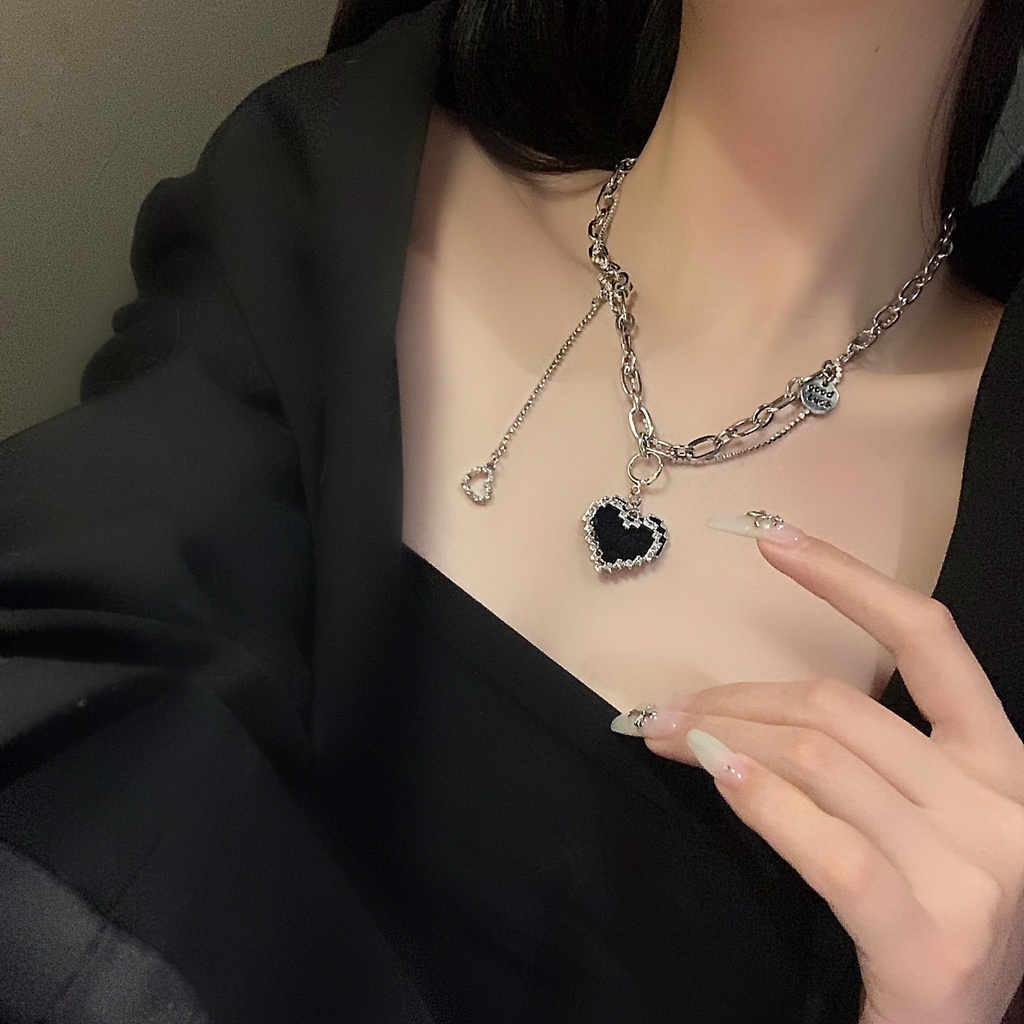 Dây Chuyền Hai Lớp Mặt Hình Trái Tim Màu Đen Phong Cách Hip Hop Hàn Quốc 19A1173