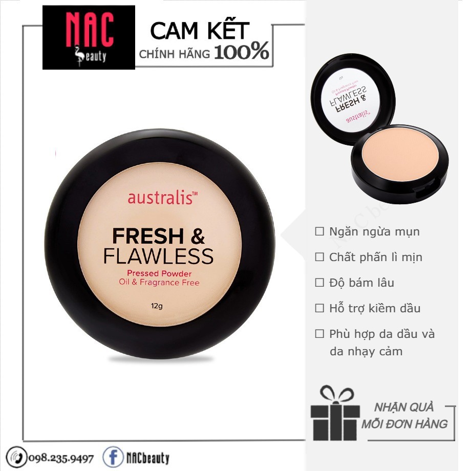 Phấn Phủ Kiềm Dầu che khuyết điểm  Australis Fresh &amp; Flawless Pressed Powder