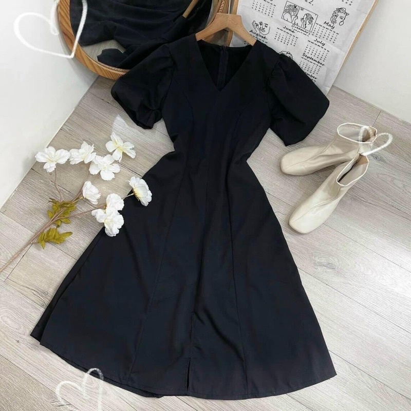 Đầm Midi cổ V tay bồng xẻ 3 màu (Ảnh thật/Video)