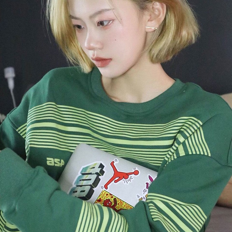 Áo Sweater Cổ Tròn Tay Dài Dáng Rộng Kẻ Sọc Kiểu Retro Đường Phố Cho Nữ
