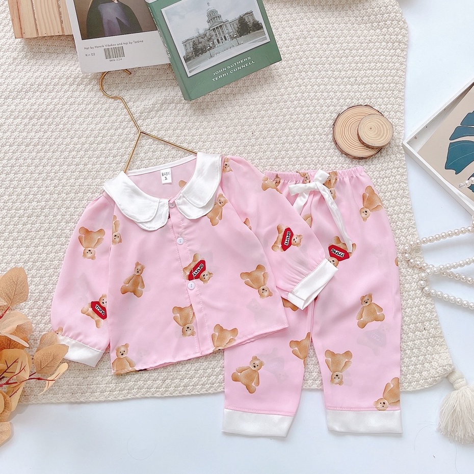 [ 6-17kg ] Bộ Đồ Ngủ Pijama Bé Gái - Set Quần Áo Trẻ Em Mặc Nhà Lụa Cao Cấp Nhiều Màu Dài Tay Họa Tiết Dễ Thương