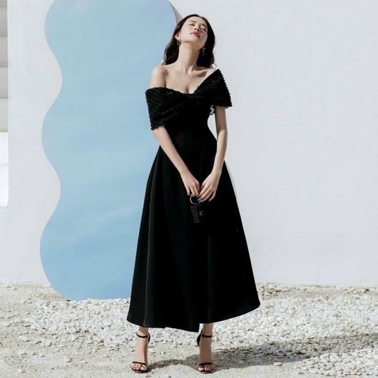 Váy đen dự tiệc sang chảnh,đầm xòe thiết kế trễ vai  đi làm dạo phố XM Minh Phúc