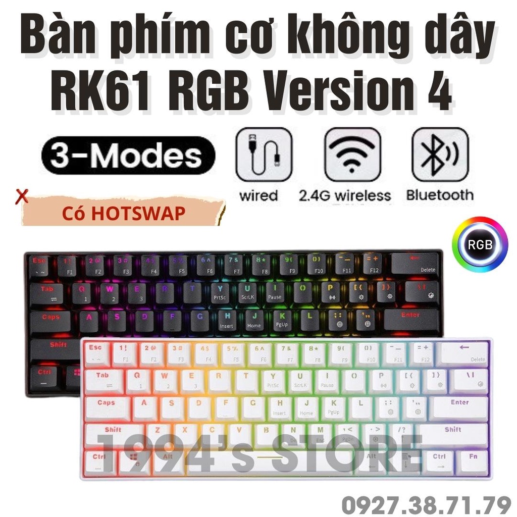 RK61 HOTSWAP - Bàn Phím Cơ Không Dây RK61 Version 4 - LED RGB Custom - Bluetooth 5.1 - Cáp Type C - Wireless 2.4G