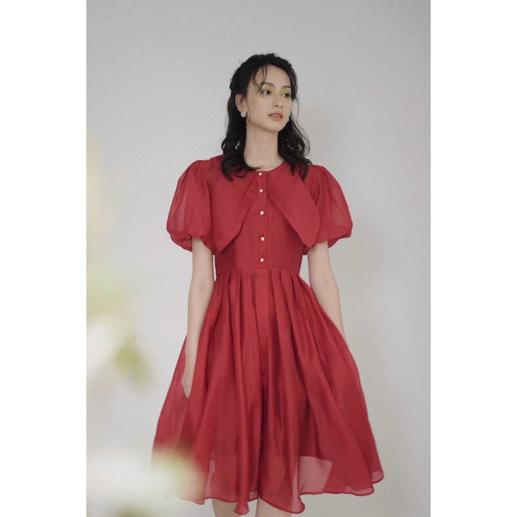 Váy Camila Đỏ Chất Tơ Organza Form Dáng Midi Chiết Eo Sang Trọng, Quý Phái, Cổ Điển _mai.ni.chi