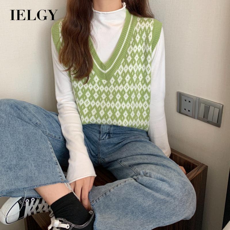 IELGY Áo dệt kim cổ chữ V màu sắc thời trang Hàn Quốc cho nữ