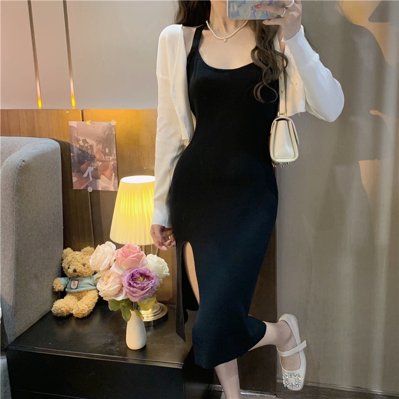 Đầm xẻ đùi sexy tôn dáng dự tiệc Đầm 2 dây midi dài xẻ tà dạo phố tôn dáng ôm body gợi cảm Hàn Quốc