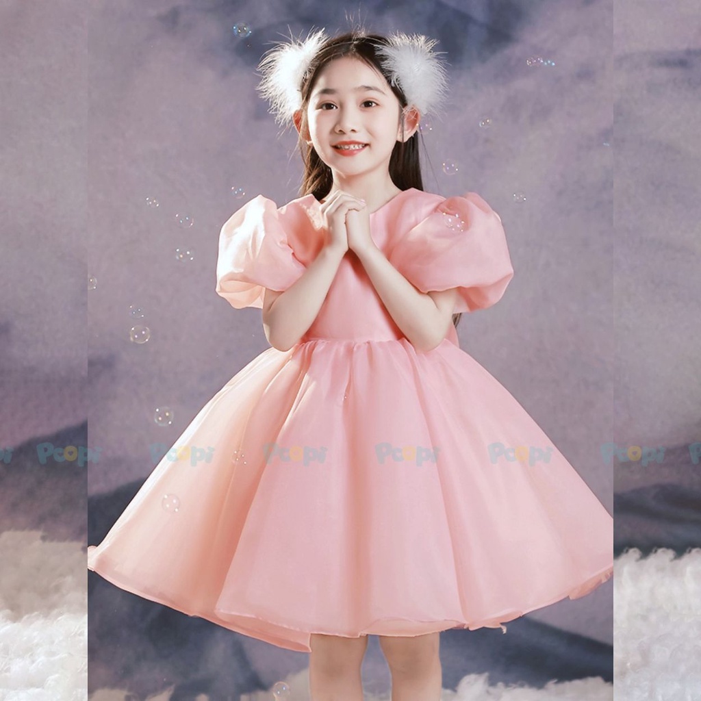 Váy Công Chúa Bé Gái Poopi Dáng Xòe Bồng Tay Ngắn Màu Hồng Dịu Xinh Đẹp Cho Bé Chơi Tết