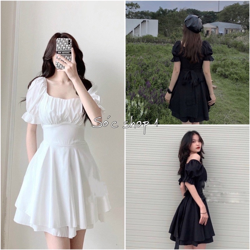 Váy Cổ Vuông Rúm Ngực Thắt Nơ Lưng Ulzzang, Đầm Dự Tiệc Cực Xinh Nhiều Màu