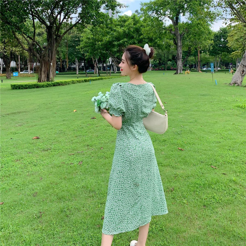 Đầm Hoa Dáng Dài Cổ Chữ V Phong Cách Hàn Quốc