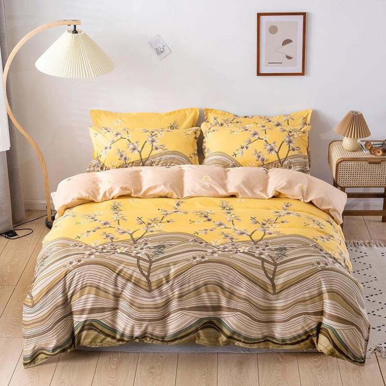 Trọn Bộ 4 Món-Thương Hiệu 🌸EVILY🌸- Chăn Ga Gối Mền Cotton Poly- Mẫu HOA MAI VÀNG sang chảnh