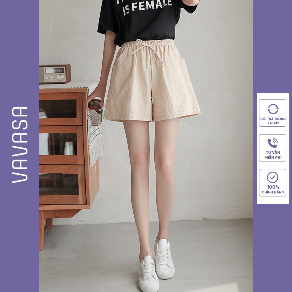 Quần short đùi nữ ống rộng cạp chun cao chất vải đũi mềm mát VAVASA QD09