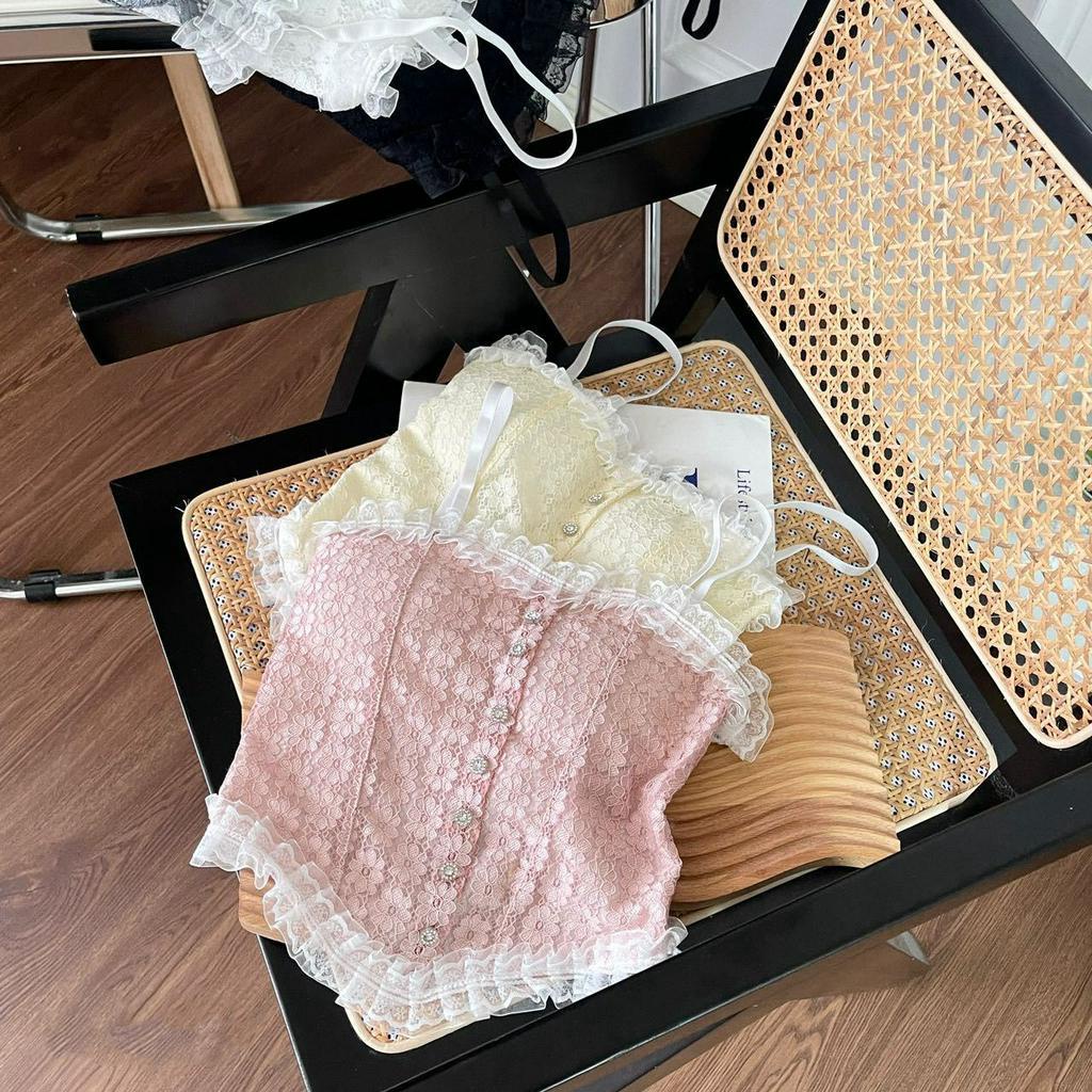 Áo bra ren hoa cao cấp - Bra nữ dáng lửng đính cúc xinh xắn, mút mỏng lưng chun co dãn VALICA B2166