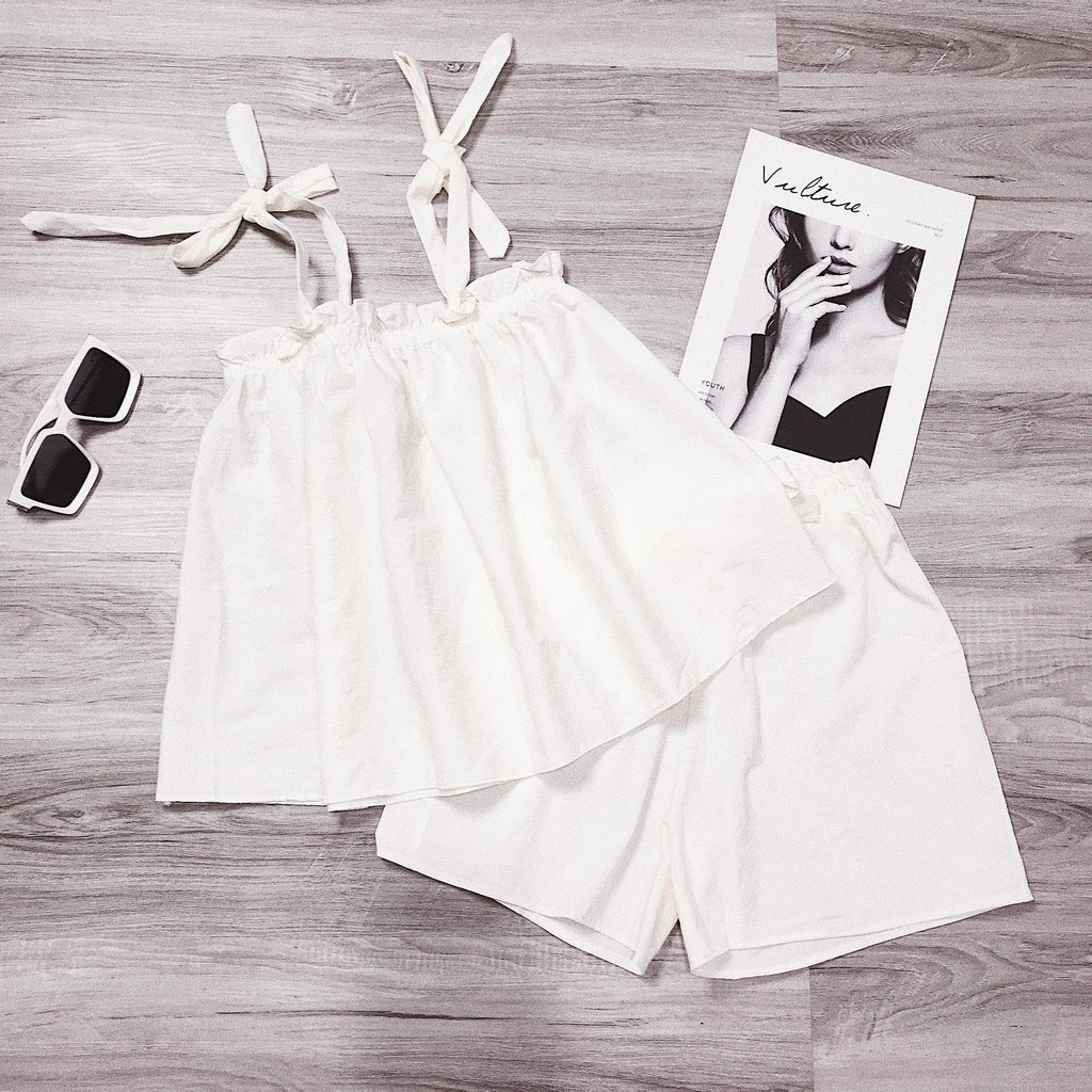XẢ KHO LỖ VỐN - Set áo nơ dây vai short trắng cực cute mặc nhà hoặc đi chơi đều được kèm hình thật 100% Tanii Clothing