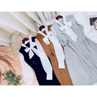 váy cổ nơ phối đai