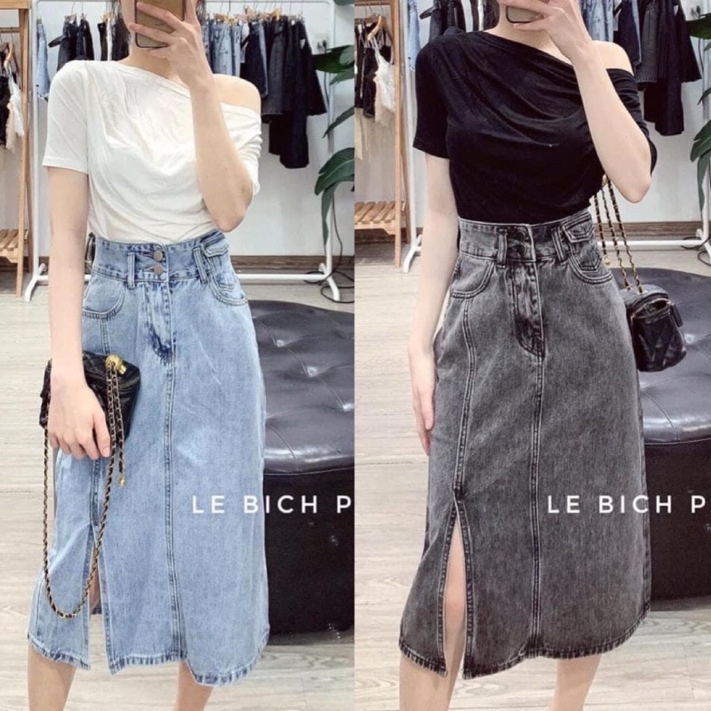 Chân váy bò denim xẻ trái nắp túi #090