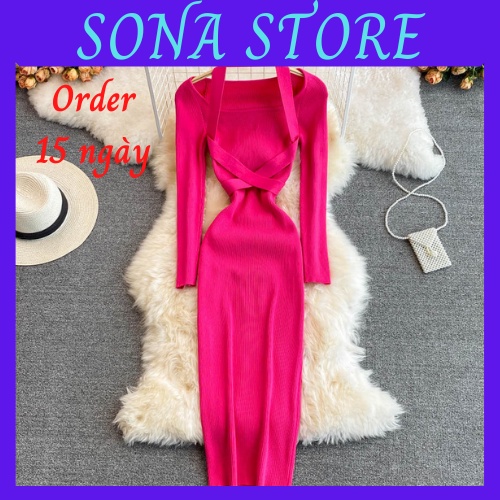 Váy body len gân dệt kim dáng dài đầm ôm nữ sexy chất đẹp dày mềm mịn độc lạ sang chảnh hàng quảng châu cao cấp VL91