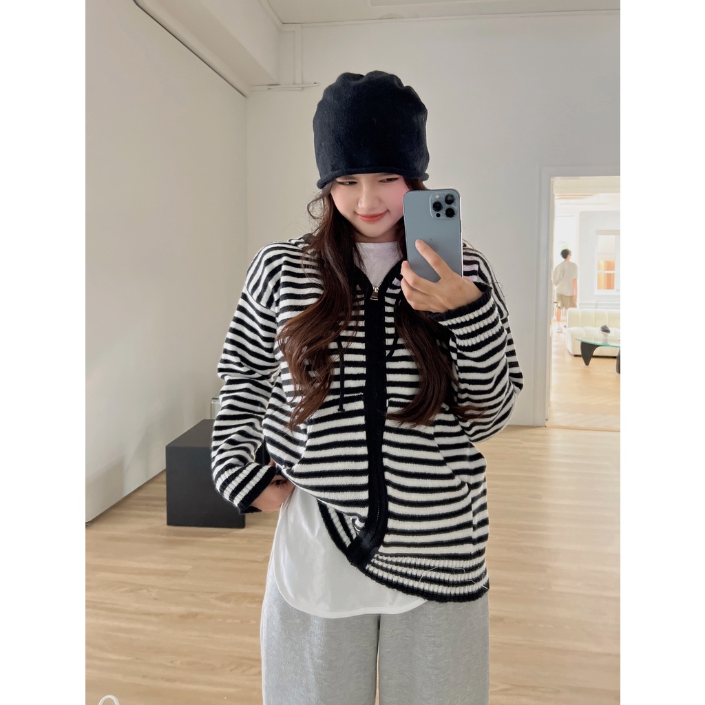 DUNEA Áo Khoác Cardigan Có Nón Họa Tiết Kẻ Sọc Màu Tương Phản Cho Nữ