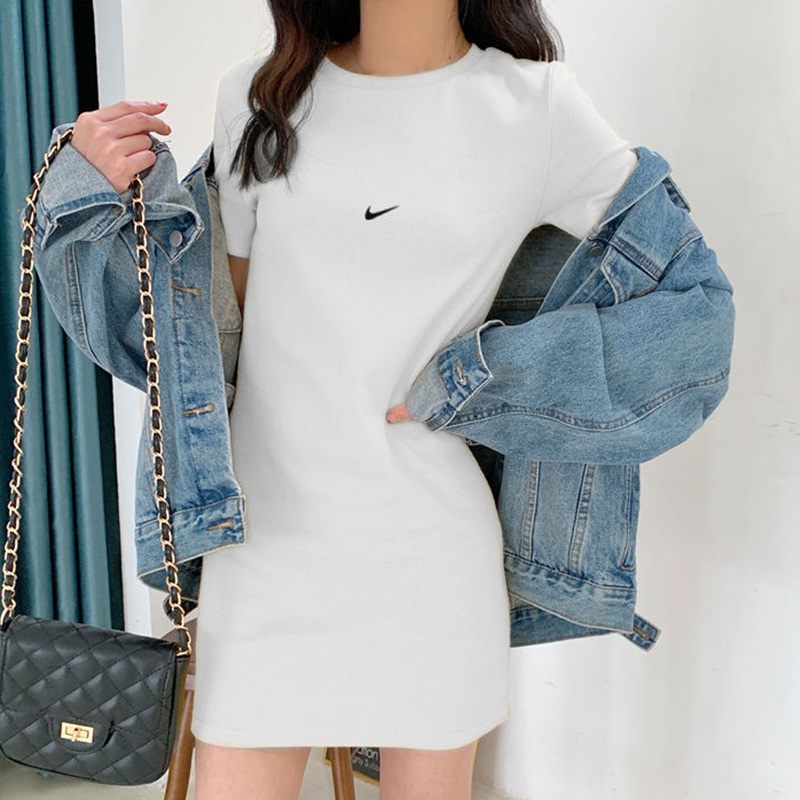 Đầm Tay Ngắn Cổ Tròn Hoạ Tiết In Đơn Giản Phong Cách Hàn Quốc