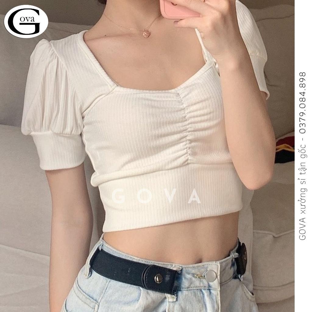 Áo Croptop Tay Phồng Ngắn Cổ Vuông Nhún Ngực Siêu Xinh Satiny DB63