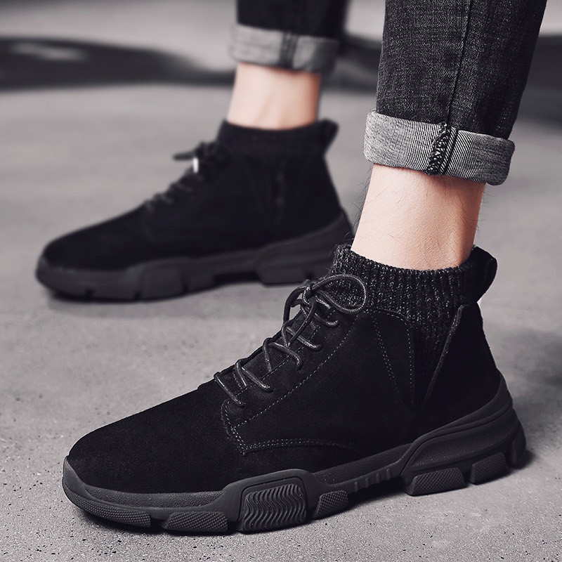 Giày bốt cao cổ nam - giày thể thao da lộn cổ bo đen mới về | BigBuy360 - bigbuy360.vn