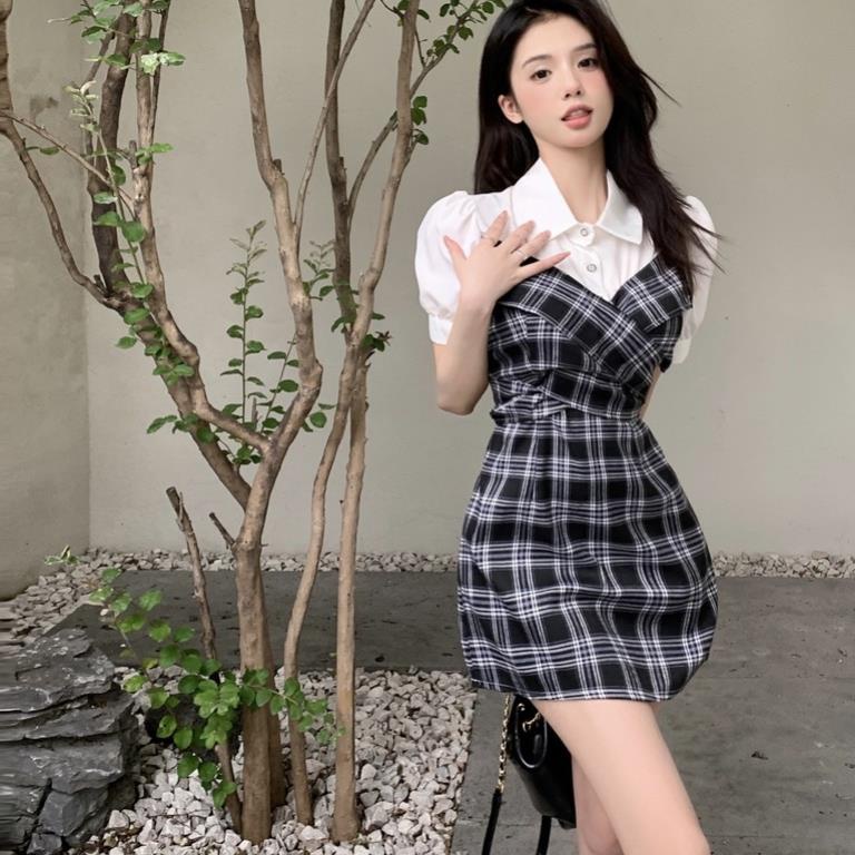 Váy Sơ Mi Giả Yếm Xếp Ly Kèm Dây Nơ Sang Chảnh - Đầm Chữ A Tay Phồng Thắt Nơ VD007 ঔৣ