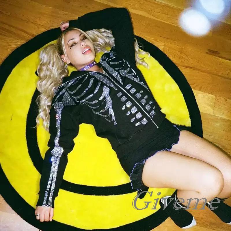 Áo Khoác Nỉ Dài Tay Có Khóa Kéo In Hình Bộ Xương Đính Đá Givenme Thời Trang Xuân Thu Cho Nữ