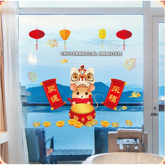 Decal trang trí tường Tết - Chuột Múa Lân