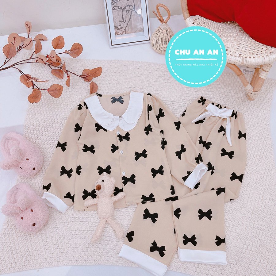 [ 16-41 KG ] Bộ Mặc Nhà Pijama Lụa Size Đại Cao Cấp Cho Bé Gái - Pijama Lụa Đại Cổ Sen Phối Nơ Cho Bé Yêu