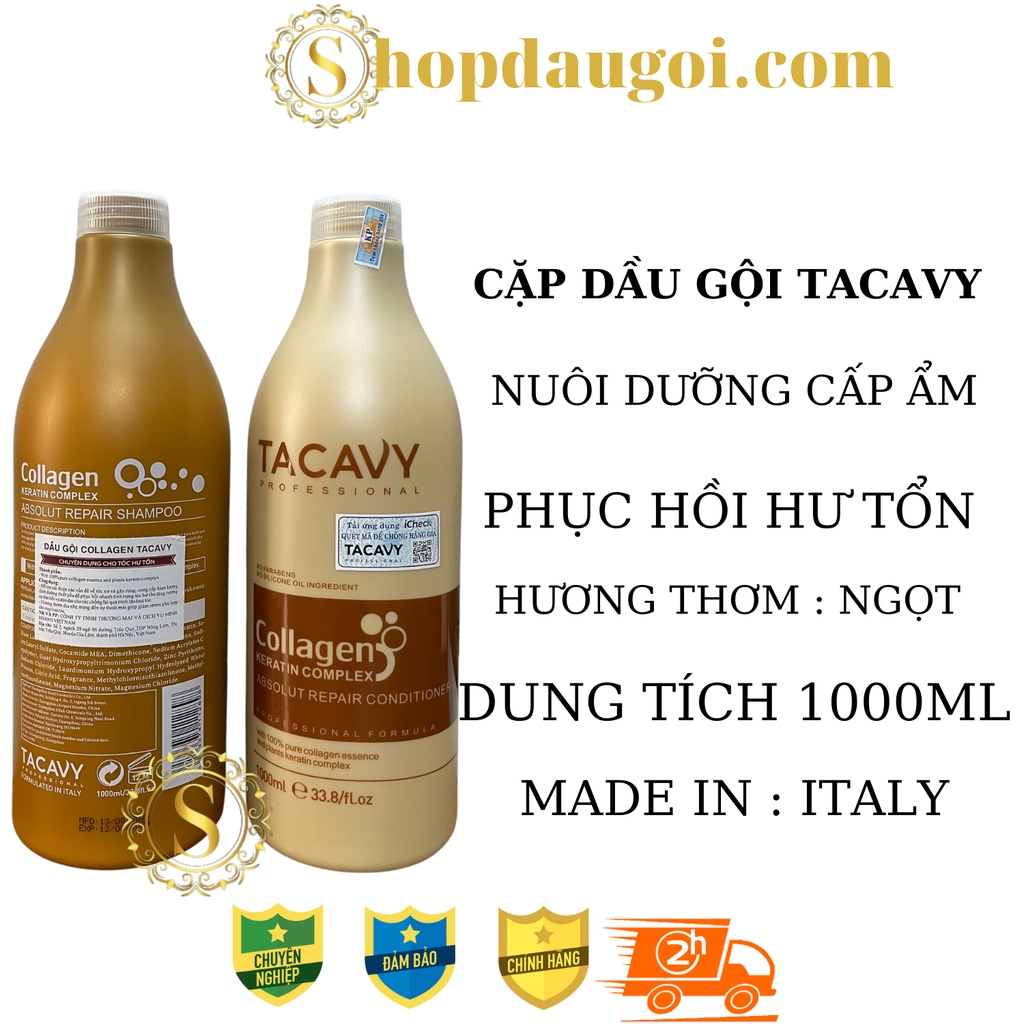 Cặp dầu gội xả Collagen TACAVY 1000ml | giảm gãy rụng, phục hồi tóc hư tổn, khô xơ | Bộ dầu gội xả Collagen TACAVY