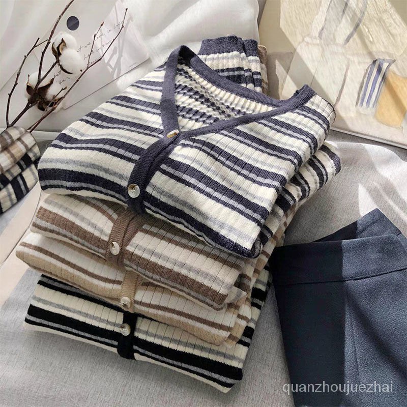 Áo Cardigan Dệt Kim Tay Dài Cổ Chữ V Kẻ Sọc Phong Cách Hàn Quốc Thời Trang Mùa Thu Cho Nữ