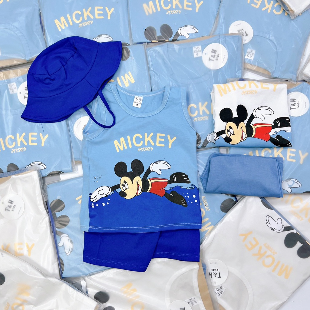 Bộ bộ sắt nách mick,yy kèm mũ cho bé 2 mau xanh trắng