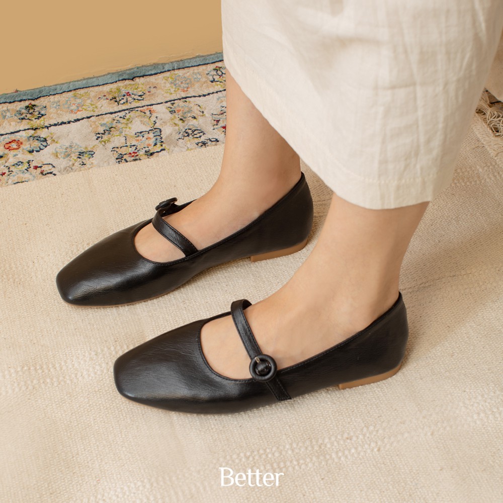 Giày búp bê bệt Mary Jane da sần đen đỏ đun 240819002 Better Shoes