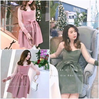 Đầm da lộn tay lưới