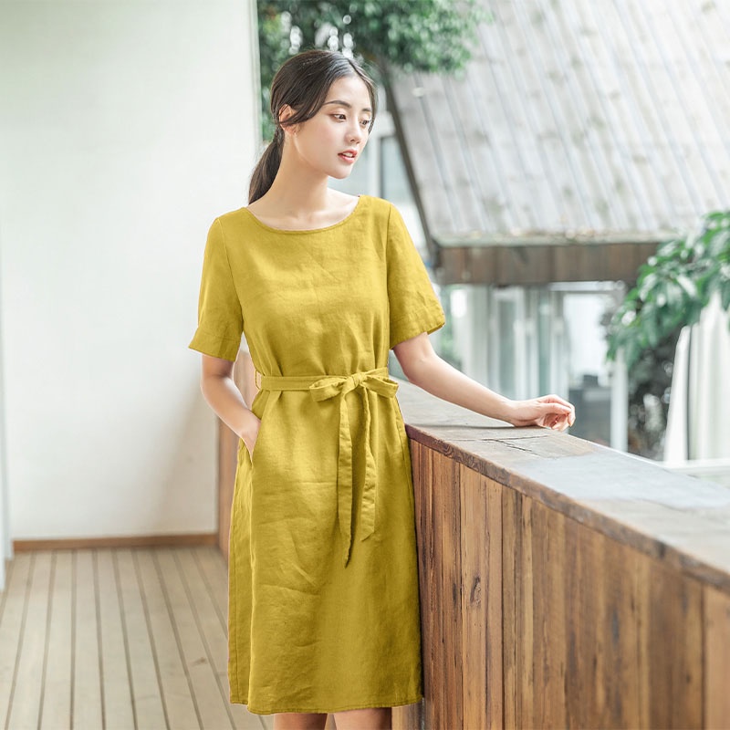 {Ảnh thật} Đầm suông nữ thiết kế chất liệu đũi cao cấp 2 túi chéo kèm dây thắt eo d84